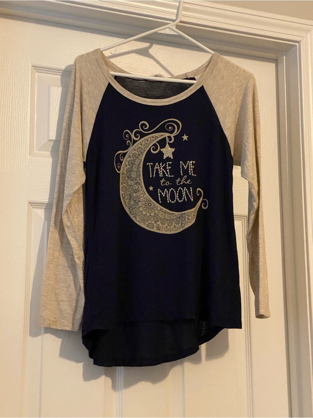Long Sleeve Raglan Tee with 'Take Me to the Moon' Graphic - Navy and Light Gray